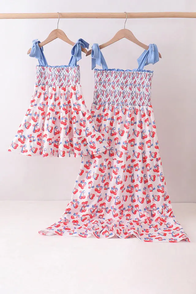 Abby & Evie Blue Cherry Smocked Tiered Mom & Me Dress 1