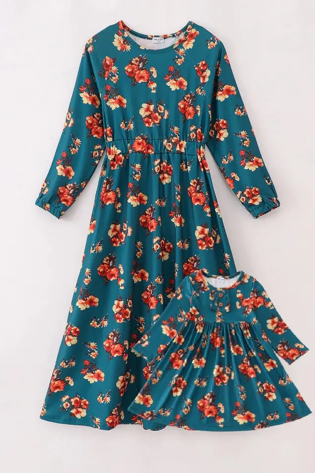 Abby & Evie Green Floral Print Mom & Me Dress 1