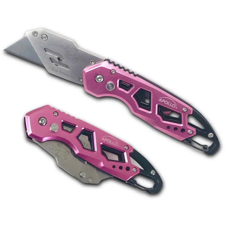 Apollo Tools Ergonomic Stainless Steel, Lightweight, Foldable Pink Utility Knife With Carabiner Clip And Fast-Change Blade - Dt5017p 1